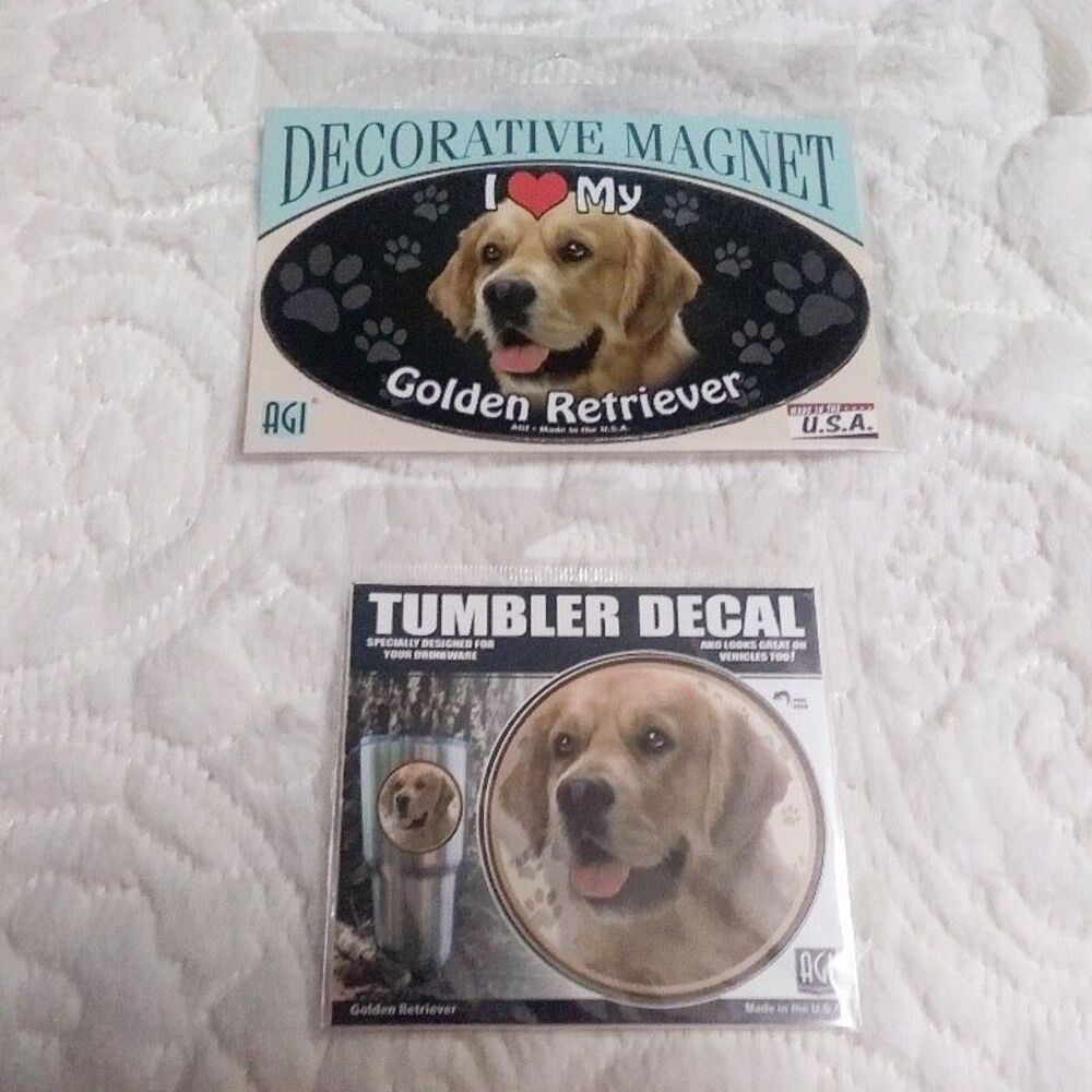AGI Golden Retriever 2 Piece Tumbler Decal and Magnet Set New